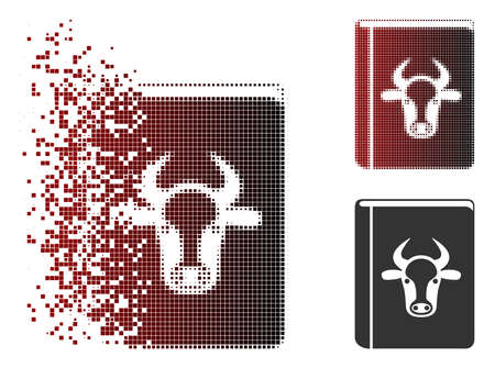 Vector cow book icon in sparkle, dotted halftone and undamaged entire versions. Disintegration effect involves rectangle particles and horizontal gradient from red to black.のイラスト素材