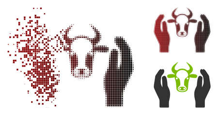 Vector cow head care hands icon in sparkle, dotted halftone and undamaged solid versions. Disappearing effect uses rectangle dots and horizontal gradient from red to black.のイラスト素材