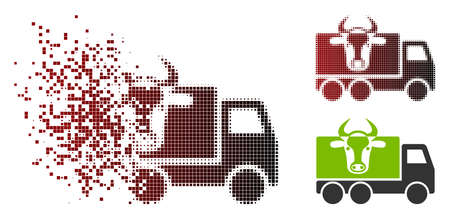Vector cow transportation icon in dispersed, dotted halftone and undamaged whole variants. Disintegration effect involves rectangular particles and horizontal gradient from red to black.のイラスト素材
