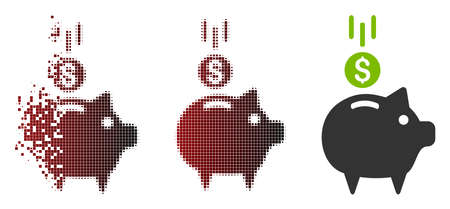 Vector deposit piggy bank icon in dispersed, dotted halftone and undamaged solid versions. Disappearing effect involves rectangular particles and horizontal gradient from red to black.のイラスト素材