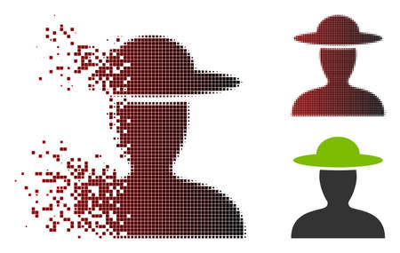 Vector farmer person icon in sparkle, pixelated halftone and undamaged whole versions. Disappearing effect involves square particles and horizontal gradient from red to black.のイラスト素材