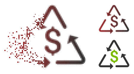 Vector financial recycling icon in dispersed, pixelated halftone and undamaged whole variants....
