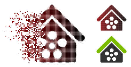 Vector flower orangery icon in sparkle, dotted halftone and undamaged whole versions. Disintegration effect involves square scintillas and horizontal gradient from red to black.のイラスト素材