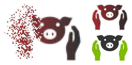 Vector pig care hands icon in dispersed, dotted halftone and undamaged entire variants. Disappearing effect involves square sparks and horizontal gradient from red to black.のイラスト素材