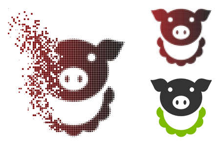 Vector pig reward icon in fractured, pixelated halftone and undamaged solid variants. Disappearing...