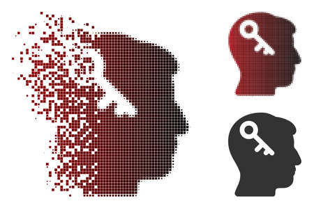 Vector head key icon in sparkle, dotted halftone and undamaged whole variants. Disintegration effect involves rectangular dots and horizontal gradient from red to black.のイラスト素材