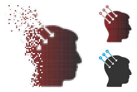 Vector neural interface connectors icon in dissolved, dotted halftone and undamaged entire versions. Disintegration effect uses rectangle sparks and horizontal gradient from red to black.のイラスト素材
