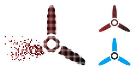 Vector three bladed screw icon in dispersed, dotted halftone and undamaged solid versions. Disappearing effect involves rectangular particles and horizontal gradient from red to black.のイラスト素材