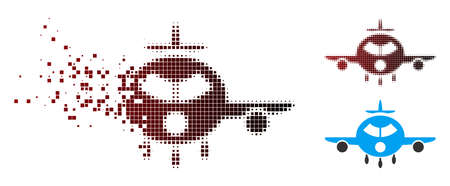 Vector cargo aircraft icon in dissolved, pixelated halftone and undamaged entire variants. Disappearing effect uses square particles and horizontal gradient from red to black.のイラスト素材