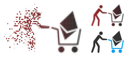 Vector Ethereum shopping cart icon in sparkle, pixelated halftone and undamaged whole variants. Disintegration effect involves rectangular particles and horizontal gradient from red to black.のイラスト素材