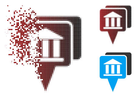Vector bank map pointers icon in dissolved, dotted halftone and undamaged solid variants. Disappearing effect involves rectangle scintillas and horizontal gradient from red to black.のイラスト素材