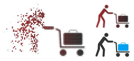 Vector passenger trolley icon in dispersed, dotted halftone and undamaged entire versions. Disappearing effect uses square sparks and horizontal gradient from red to black.のイラスト素材
