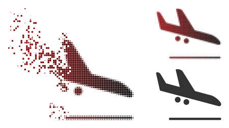 Vector aiplane landing icon in dispersed, dotted halftone and undamaged entire versions. Disappearing effect uses square particles and horizontal gradient from red to black.のイラスト素材