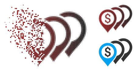 Vector dollar map pointers icon in sparkle, pixelated halftone and undamaged solid variants. Disappearing effect uses square dots and horizontal gradient from red to black.のイラスト素材