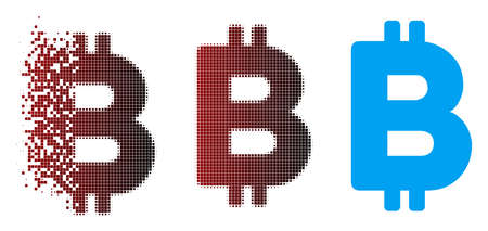 Vector Bitcoin letter icon in fractured, dotted halftone and undamaged solid versions. Disappearing effect uses square particles and horizontal gradient from red to black.のイラスト素材