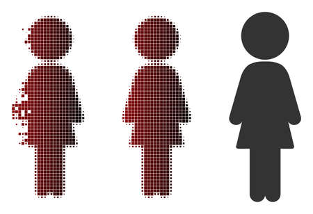 Vector standing girl icon in sparkle, dotted halftone and undamaged whole variants. Disappearing effect uses rectangle dots and horizontal gradient from red to black.のイラスト素材