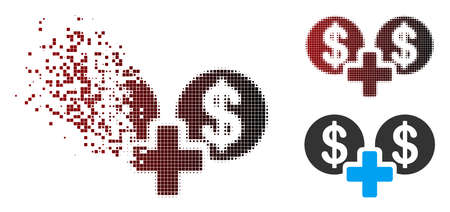 Vector sum money icon in sparkle, pixelated halftone and undamaged whole versions. Disappearing effect uses rectangle scintillas and horizontal gradient from red to black.のイラスト素材