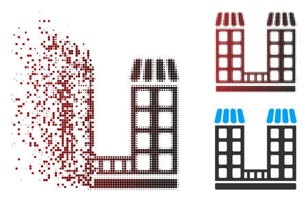 Vector company buildings icon in dispersed, dotted halftone and undamaged entire variants. Disappearing effect involves square particles and horizontal gradient from red to black.のイラスト素材