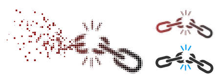 Vector chain damage icon in dissolved, dotted halftone and undamaged whole versions. Disintegration effect involves rectangular particles and horizontal gradient from red to black.のイラスト素材