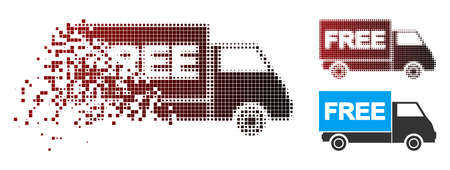 Vector free shipment van icon in dispersed, pixelated halftone and undamaged entire variants. Disappearing effect uses square scintillas and horizontal gradient from red to black.のイラスト素材