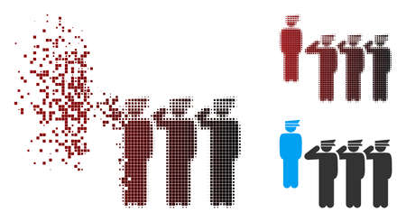 Vector army squad icon in dispersed, dotted halftone and undamaged entire versions. Disintegration effect uses square scintillas and horizontal gradient from red to black.のイラスト素材