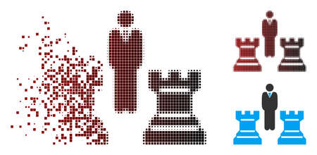 Vector chess strategy icon in fractured, pixelated halftone and undamaged entire variants. Disintegration effect involves rectangular scintillas and horizontal gradient from red to black.のイラスト素材