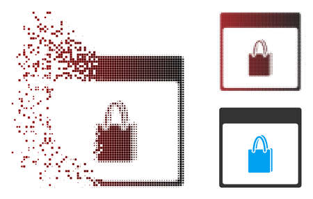 Vector shopping bag calendar page icon in dissolved, pixelated halftone and undamaged whole versions. Disappearing effect involves square particles and horizontal gradient from red to black.のイラスト素材