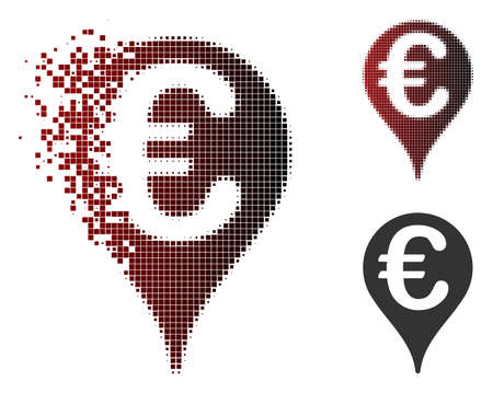 Vector Euro map pointer icon in dispersed, pixelated halftone and undamaged entire versions. Disappearing effect uses square particles and horizontal gradient from red to black.のイラスト素材