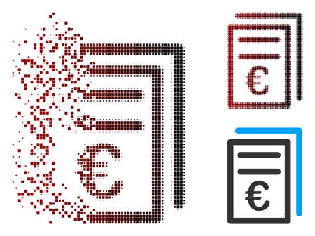 Vector Euro invoices icon in fractured, dotted halftone and undamaged solid variants. Disappearing effect uses square particles and horizontal gradient from red to black.のイラスト素材