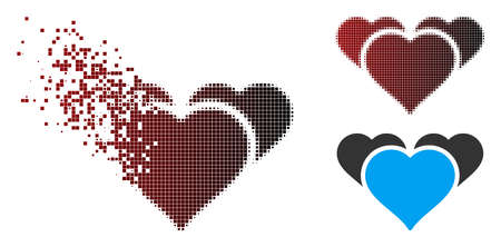 Vector favourite hearts icon in dispersed, dotted halftone and undamaged solid variants. Disappearing effect involves rectangle sparks and horizontal gradient from red to black.のイラスト素材