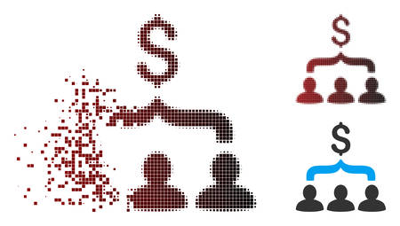 Vector sales funnel icon in fractured, dotted halftone and undamaged entire variants. Disintegration effect uses rectangular scintillas and horizontal gradient from red to black.のイラスト素材