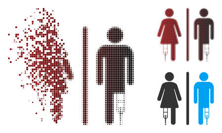 Vector patient WC persons icon in dispersed, pixelated halftone and undamaged whole versions. Disappearing effect uses square particles and horizontal gradient from red to black.のイラスト素材