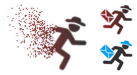 Vector gentleman mail courier icon in fractured, dotted halftone and undamaged entire variants. Disappearing effect involves rectangular sparks and horizontal gradient from red to black.のイラスト素材