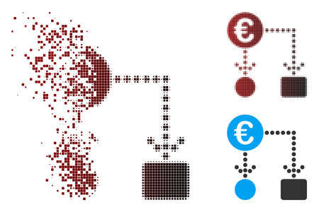 Vector Euro flow chart icon in dissolved, pixelated halftone and undamaged entire versions. Disappearing effect involves square sparks and horizontal gradient from red to black.のイラスト素材