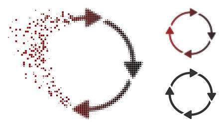 Vector rotation icon in sparkle, dotted halftone and undamaged entire variants. Disappearing effect uses rectangle dots and horizontal gradient from red to black.のイラスト素材