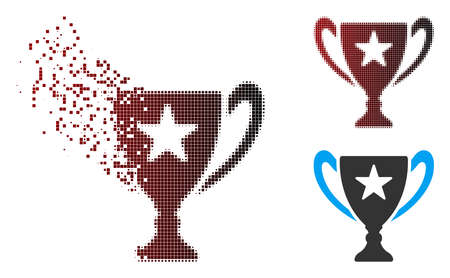 Vector trophy cup icon in sparkle, dotted halftone and undamaged entire variants. Disintegration effect involves rectangle particles and horizontal gradient from red to black.のイラスト素材