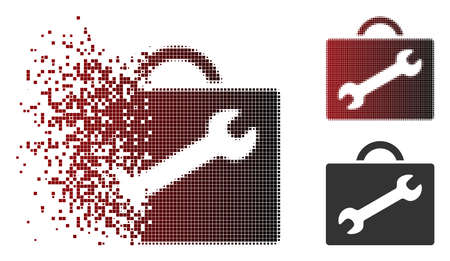 Vector repair equipment case icon in sparkle, pixelated halftone and undamaged solid versions. Disintegration effect involves square particles and horizontal gradient from red to black.のイラスト素材