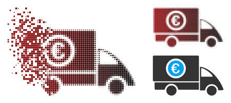 Vector Euro delivery icon in dissolved, pixelated halftone and undamaged whole variants. Disappearing effect uses rectangular particles and horizontal gradient from red to black.のイラスト素材
