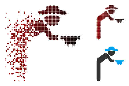 Vector gentleman beggar icon in sparkle, pixelated halftone and undamaged whole versions. Disintegration effect uses square dots and horizontal gradient from red to black.のイラスト素材