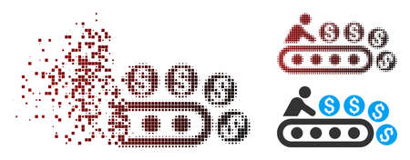 Vector money production icon in fractured, dotted halftone and undamaged entire versions. Disintegration effect involves rectangle sparks and horizontal gradient from red to black.のイラスト素材