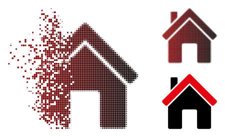 Vector house icon in fractured, pixelated halftone and undamaged whole variants. Disappearing effect uses rectangle scintillas and horizontal gradient from red to black.のイラスト素材