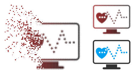 Vector cardio monitoring icon in dissolved, dotted halftone and undamaged entire versions. Disappearing effect uses square scintillas and horizontal gradient from red to black.のイラスト素材