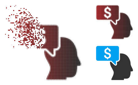 Vector businessman idea icon in dispersed, dotted halftone and undamaged entire versions. Disintegration effect involves square particles and horizontal gradient from red to black.のイラスト素材