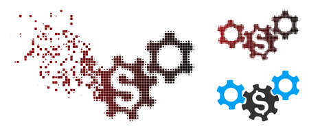 Vector business gears icon in dispersed, dotted halftone and undamaged entire versions. Disintegration effect uses rectangular sparks and horizontal gradient from red to black.のイラスト素材