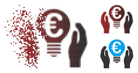 Vector Euro patent care icon in fractured, pixelated halftone and undamaged entire versions. Disappearing effect uses rectangular particles and horizontal gradient from red to black.のイラスト素材