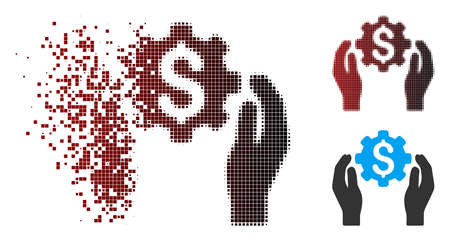 Vector banking maintenance hands icon in fractured, pixelated halftone and undamaged whole versions. Disappearing effect uses rectangle dots and horizontal gradient from red to black.のイラスト素材