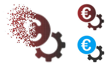 Vector Euro configure icon in sparkle, dotted halftone and undamaged whole versions. Disappearing effect uses rectangular particles and horizontal gradient from red to black.のイラスト素材
