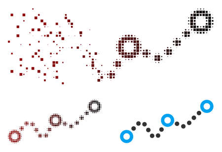 Vector dotted chart icon in fractured, dotted halftone and undamaged entire versions. Disappearing effect involves rectangular sparks and horizontal gradient from red to black.のイラスト素材
