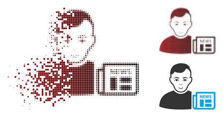 Vector user news icon in sparkle, dotted halftone and undamaged whole versions. Disappearing effect uses rectangular particles and horizontal gradient from red to black.のイラスト素材