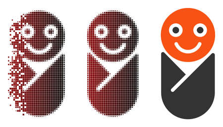 Vector infant icon in dispersed, pixelated halftone and undamaged solid versions. Disintegration effect involves rectangle scintillas and horizontal gradient from red to black.のイラスト素材